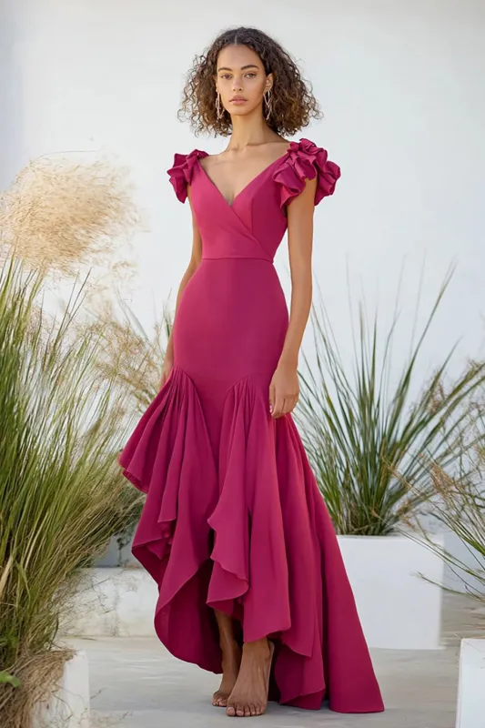 Fuchsia High Low V-neck Sheath Taffeta Formal Dress with Ruffles sold by Zapaka