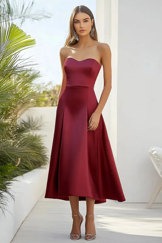 Burgundy Satin Sweetheart A-Line Tea Length Formal Dress sold by Zapaka