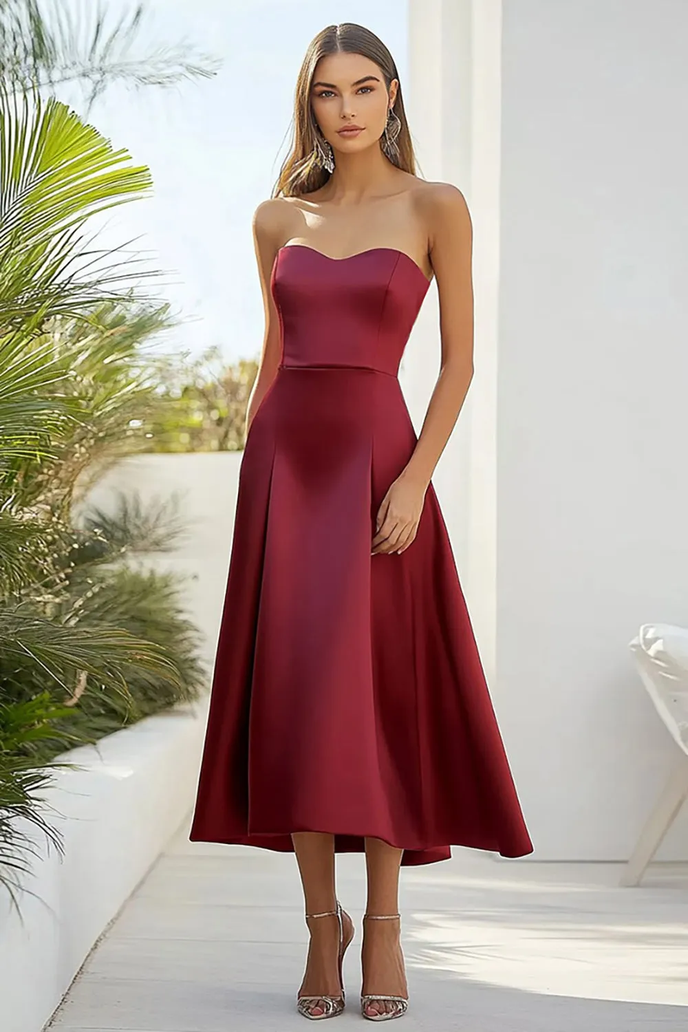 Burgundy Satin Sweetheart A-Line Tea Length Formal Dress sold by Zapaka