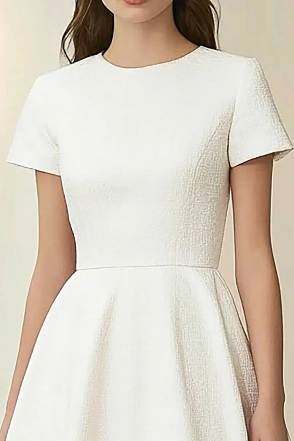 Ivory Jacquard Round Neck A-Line Midi Formal Dress with Short Sleeves sold by Zapaka product image thumbnail 2