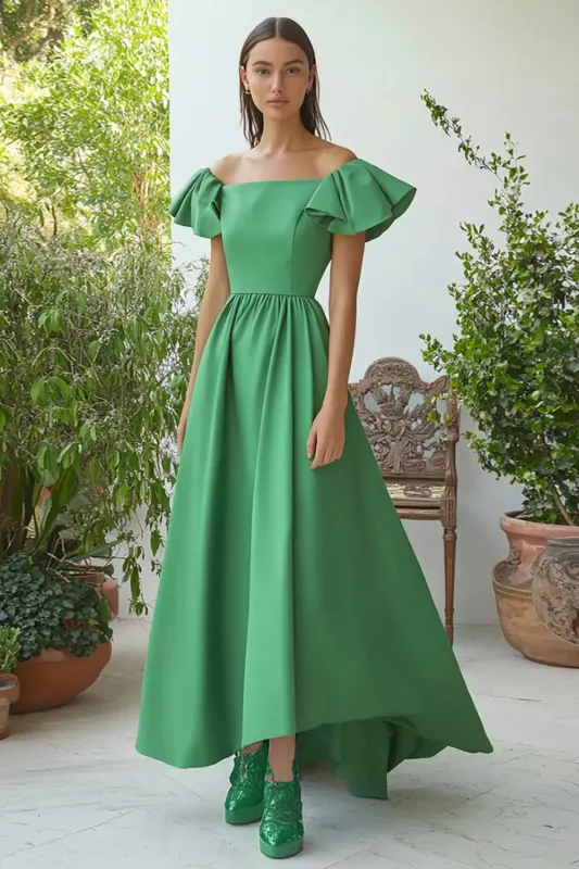 Green Taffeta Square Neck A-Line Ankle Length Formal Dress with Cape Sleeves made by Zapaka