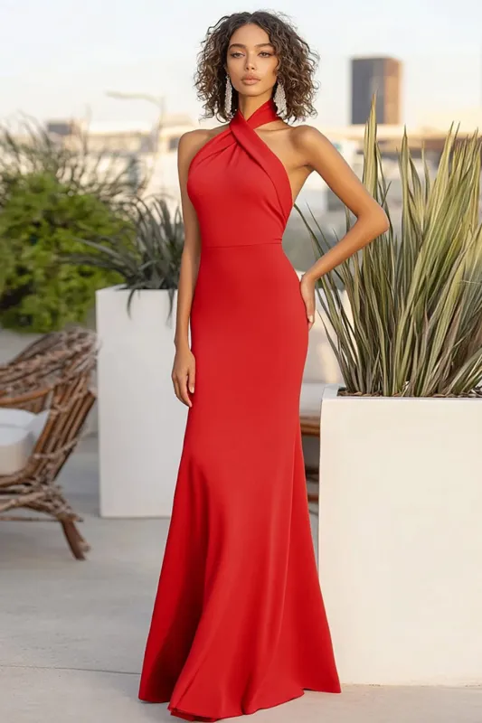 Red Matte Satin Halter Sheath Long Formal Dress sold by Zapaka