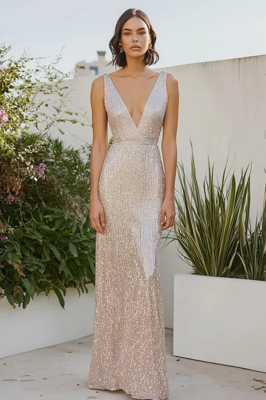 Champagne Metallic Deep V-neck Sheath Ankle Length Formal Dress sold by Zapaka