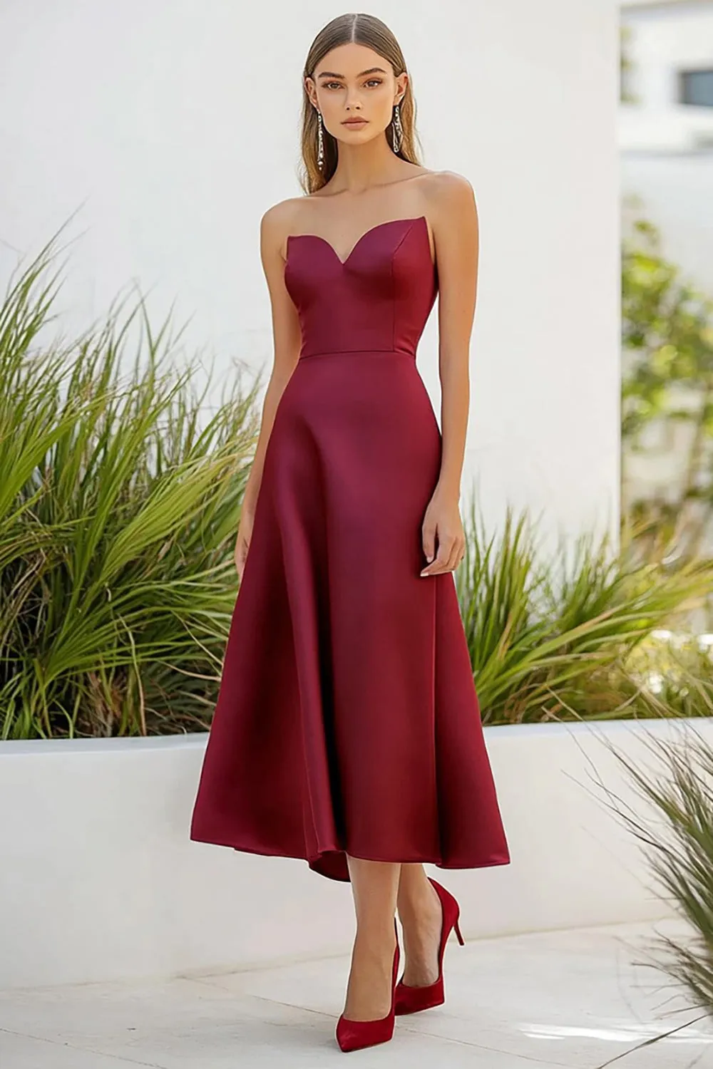 Burgundy Sweetheart Satin A-Line Long Formal Dress sold by Zapaka