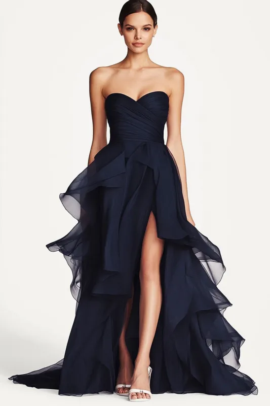 Elegant Navy Ruffled A Line Sweetheart Formal Dress with Slit sold by Zapaka