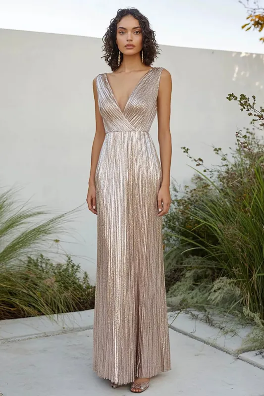 Champagne Metallic Pleated V-neck Sheath Long Formal Dress sold by Zapaka