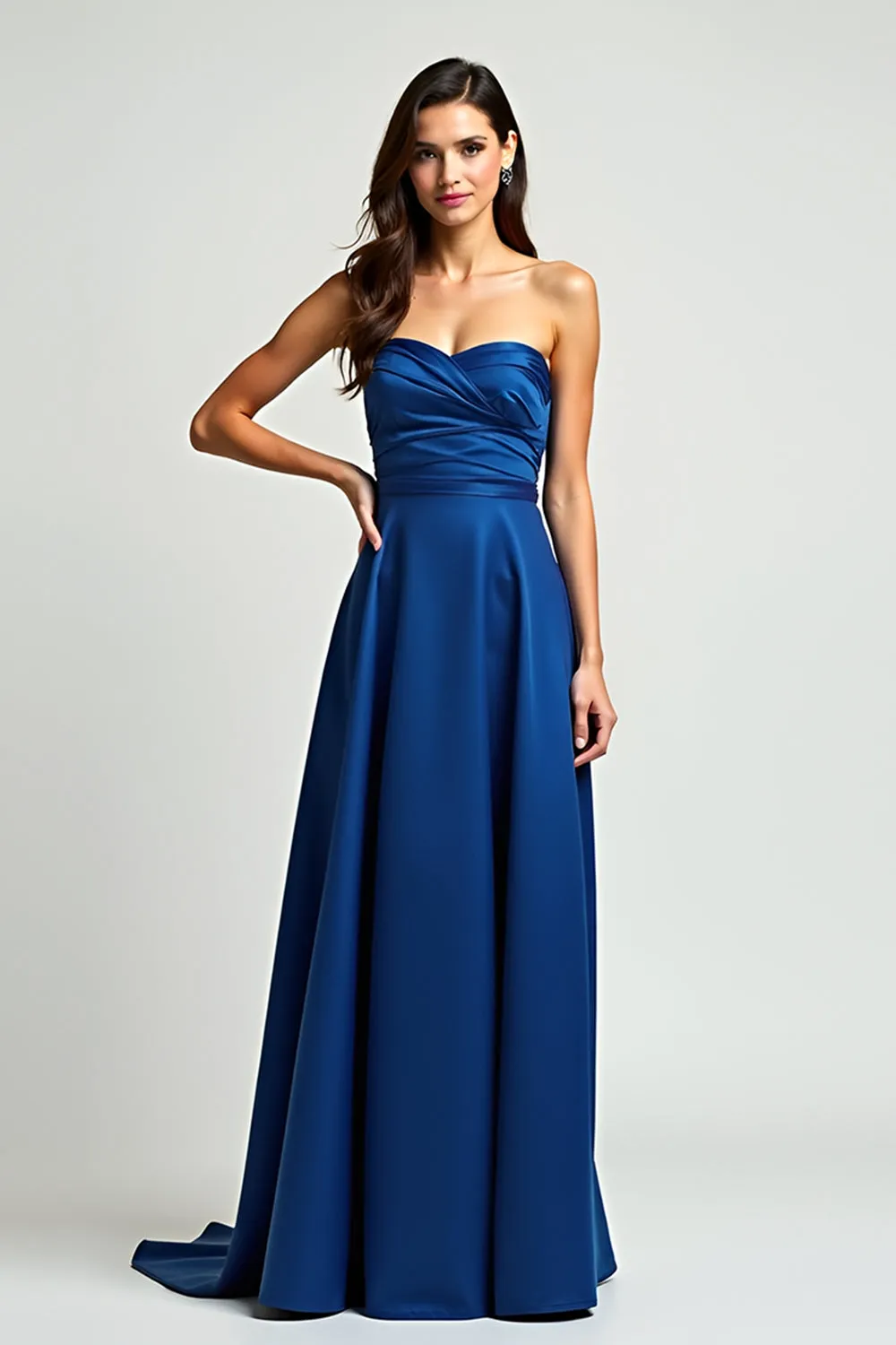 Navy A Line Strapless Satin Ruched Formal Dress sold by Zapaka product image thumbnail 3