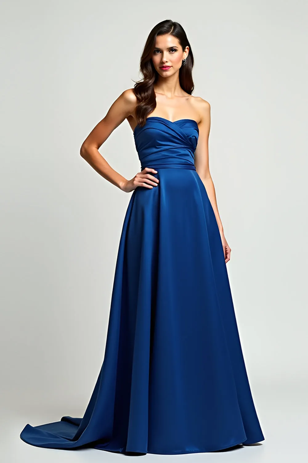 Navy A Line Strapless Satin Ruched Formal Dress sold by Zapaka