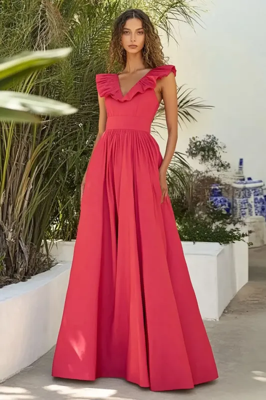 Red V-neck Matte Satin A-Line Long Formal Dress with Ruffles sold by Zapaka
