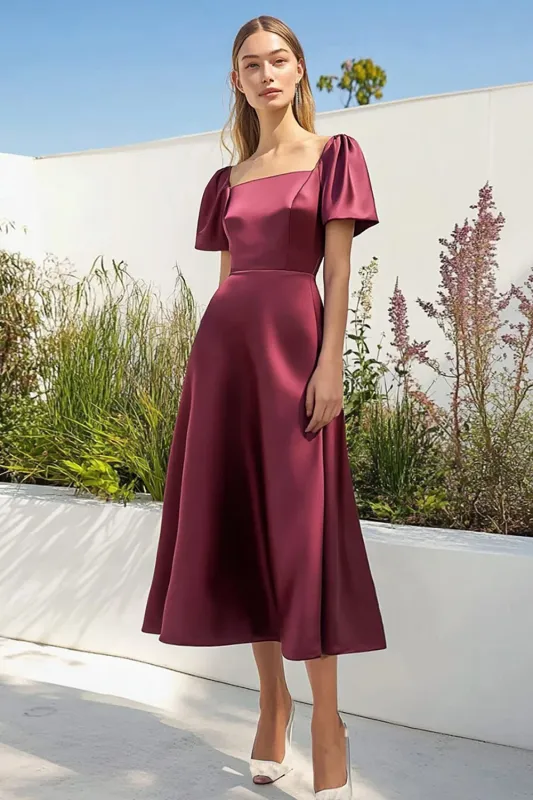Burgundy Satin Square Neck A-Line Tea Length Formal Dress with Short Sleeves made by Zapaka