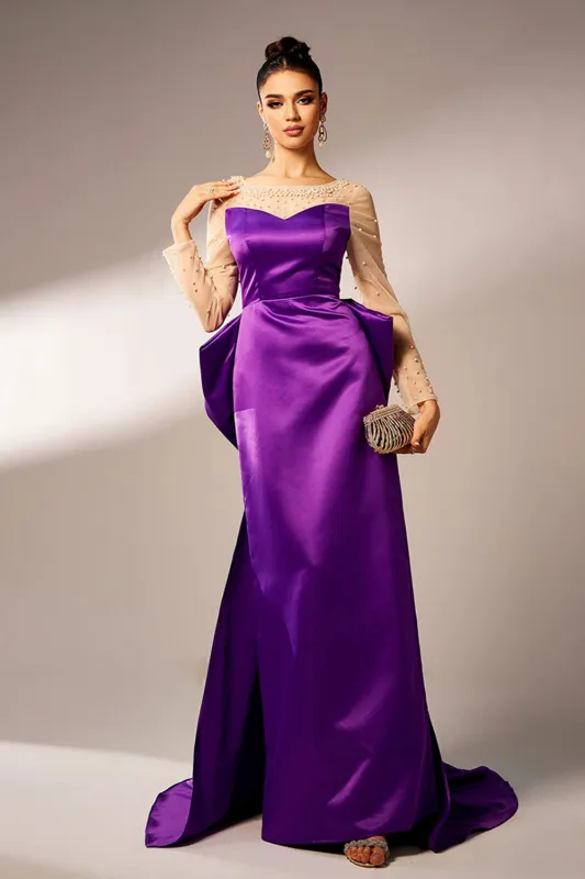 Dark Purple Mermaid Illusion Neck Long Sleeves Pearls Satin Formal Dress with Bow sold by Zapaka