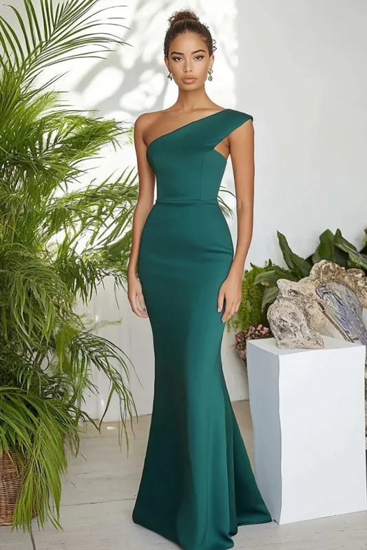 Dark Green One Shoulder Matte Satin Mermaid Long Formal Dress made by Zapaka