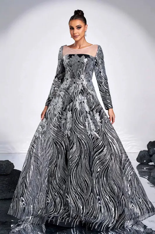 Black Silver Floral A-Line Illusion Neck Long Sleeves Formal Dress sold by Zapaka