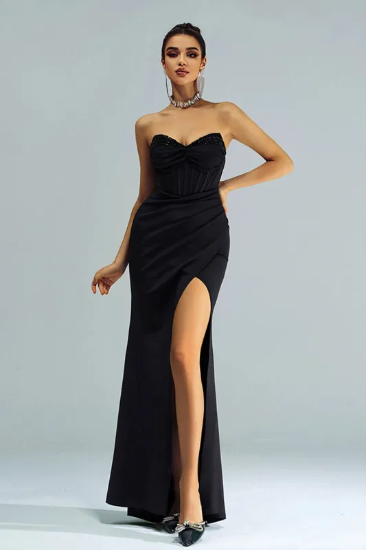Black Mermaid Strapless Sequined Ruched Corset Long Formal Dress with Slit sold by Zapaka