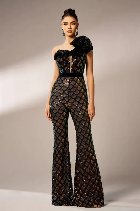 Sparkly Black Tight One Shoulder Ruffle Flower Sequined Prom Jumpsuit sold by Zapaka