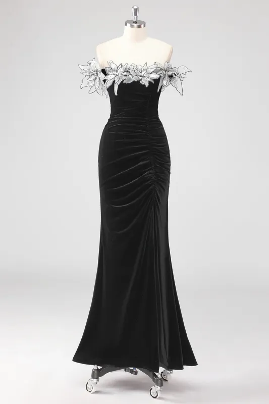Black Mermaid Strapless Pleated Formal Dress With 3D Flowers sold by Zapaka