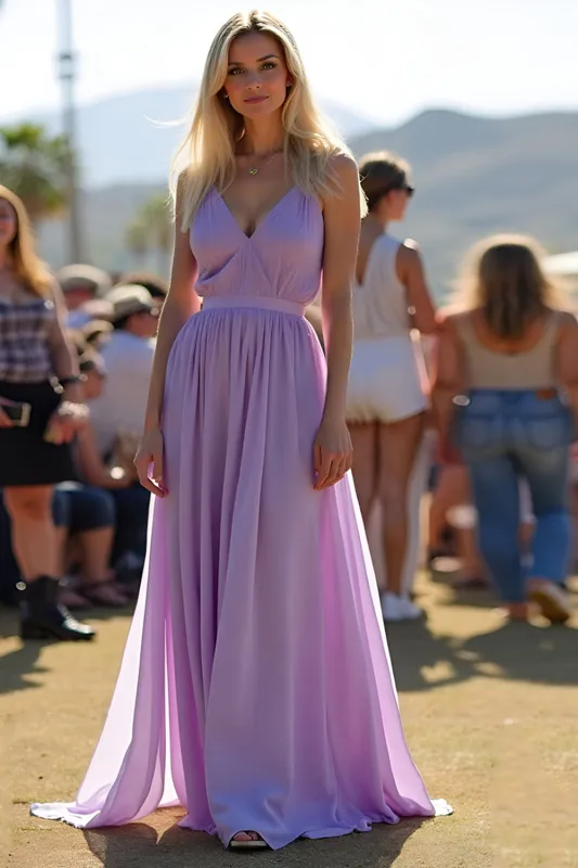 Simple Lilac Spaghetti Straps Long V-Neck Wedding Guest Dress sold by Zapaka