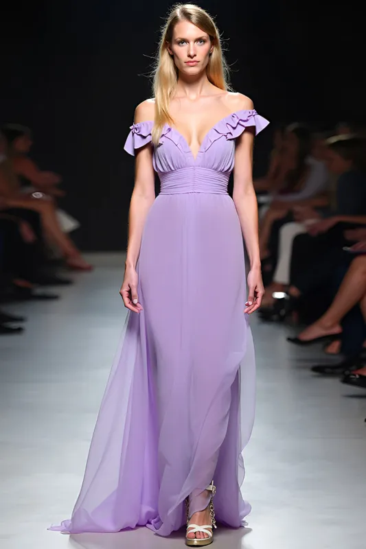 Lilac V-Neck Ruffled A Line Wedding Guest Dress sold by Zapaka