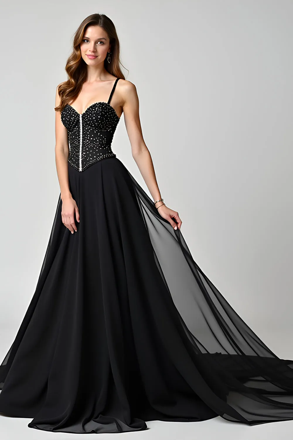 Spaghetti Straps Sparkly Black A Line Long Formal Dress sold by Zapaka
