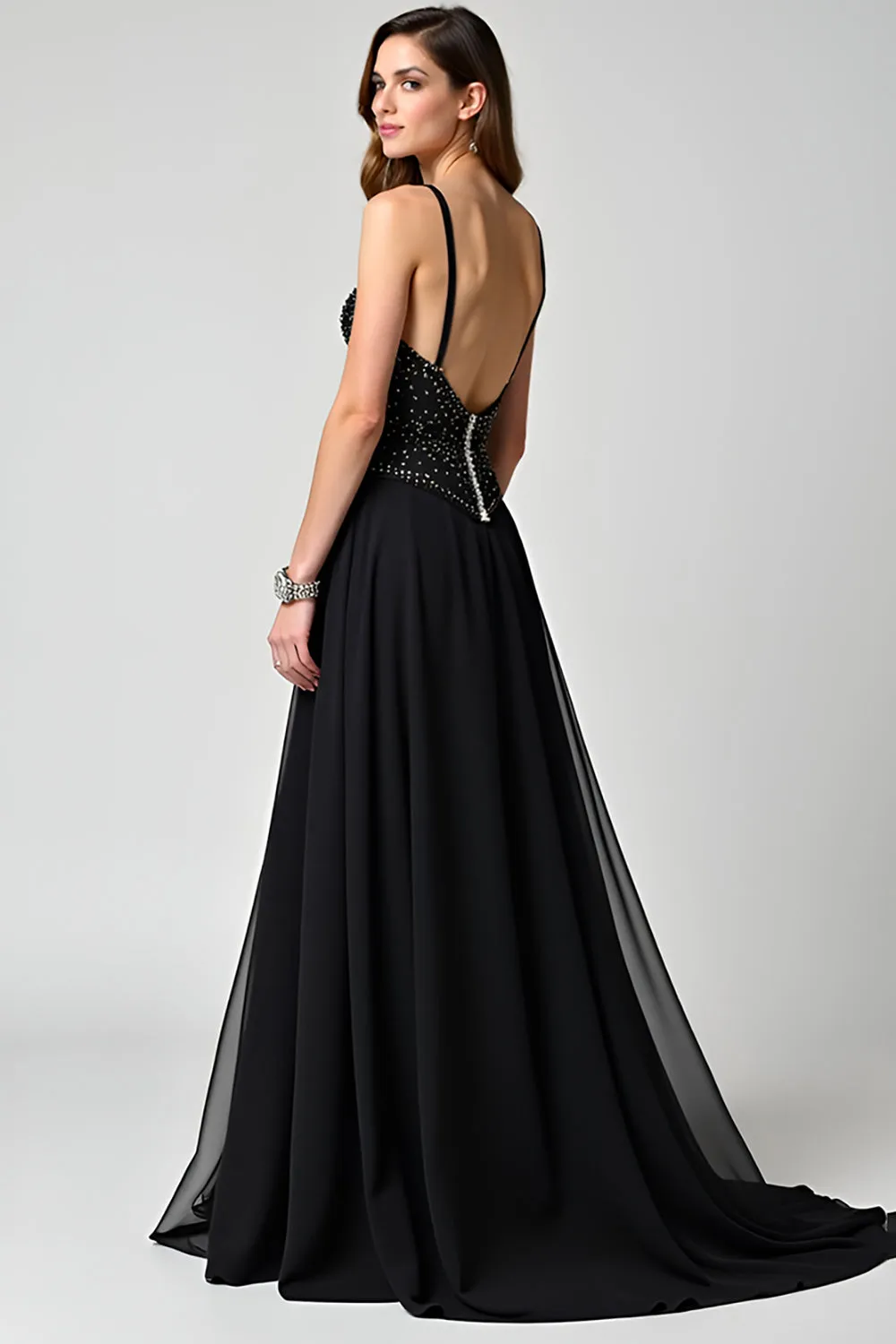 Spaghetti Straps Sparkly Black A Line Long Formal Dress sold by Zapaka product image thumbnail 2
