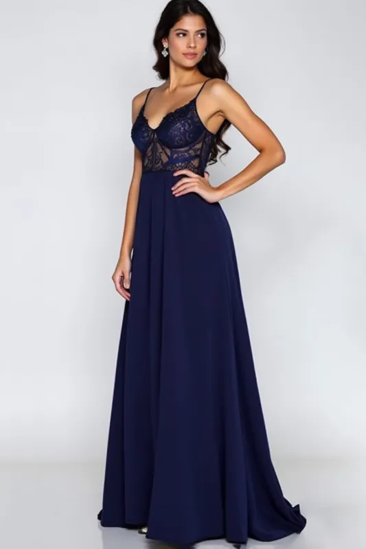 Navy Spaghetti Straps A Line Appliqued Formal Dress with Slit sold by Zapaka