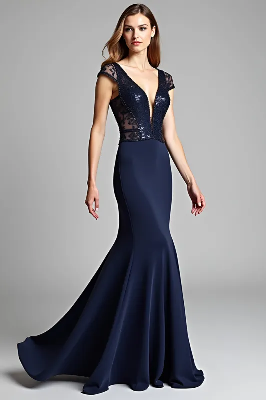 Sparkly Navy V-Neck Mermaid Formal Dress with Cap Sleeves sold by Zapaka