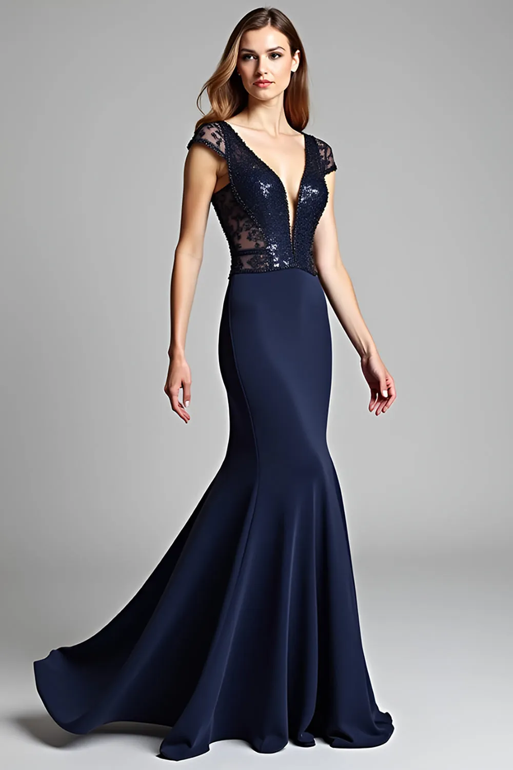 Sparkly Navy V-Neck Mermaid Formal Dress with Cap Sleeves sold by Zapaka
