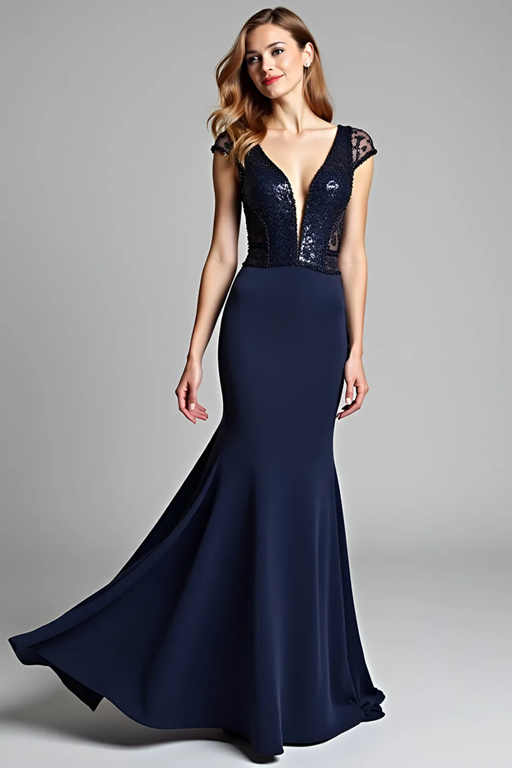 Sparkly Navy V-Neck Mermaid Formal Dress with Cap Sleeves sold by Zapaka product image thumbnail 3
