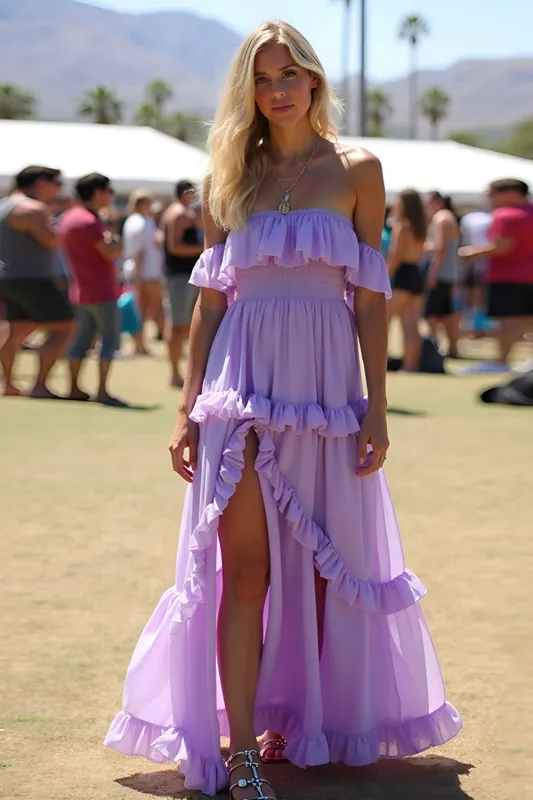 Lilac Ruffled Off The Shoulder Wedding Guest Dress with Slit sold by Zapaka