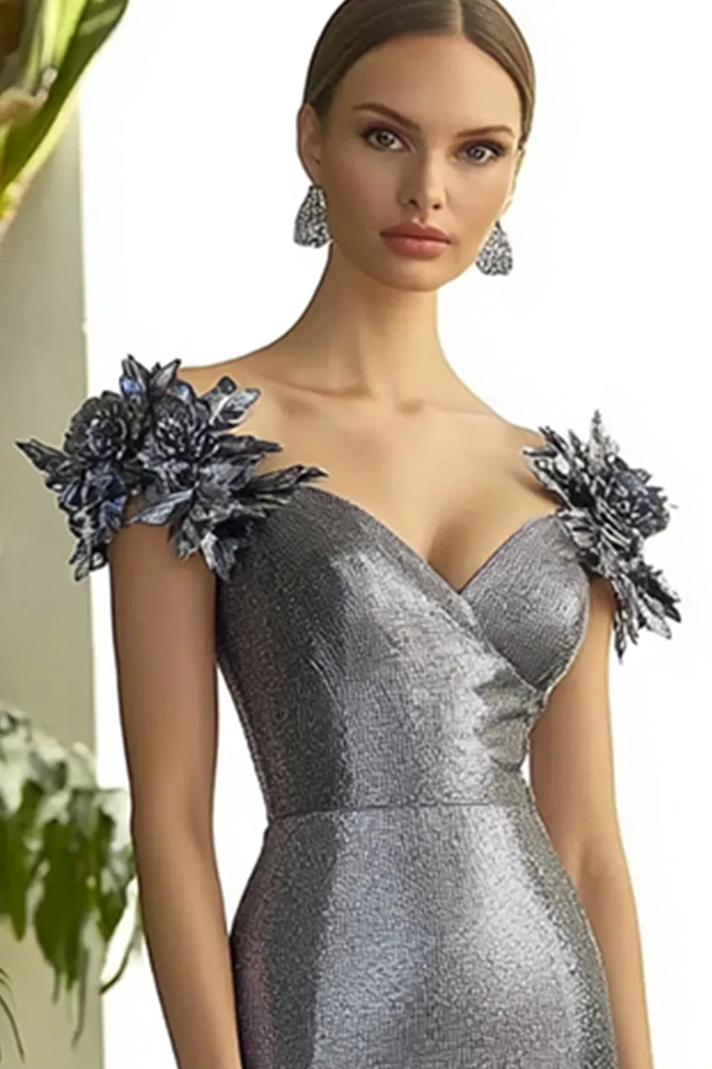 Metallic Dark Grey Sheath V-Neck Formal Dress with 3D Flowers sold by Zapaka product image thumbnail 2