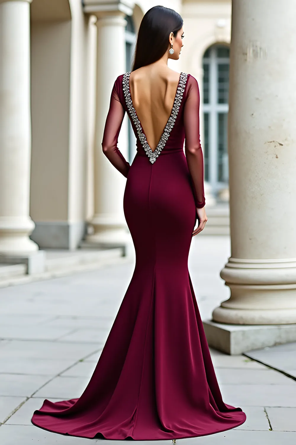 Elegant Mermaid Backless Burgundy Formal Dress with Long Sleeves sold by Zapaka product image thumbnail 2