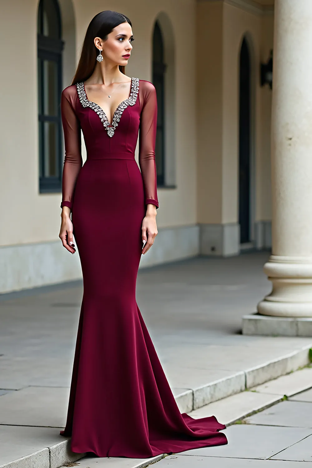 Elegant Mermaid Backless Burgundy Formal Dress with Long Sleeves sold by Zapaka product image thumbnail 3