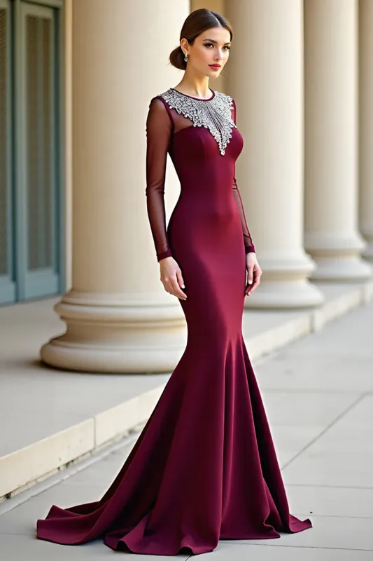Sparkly Round Neck Mermaid Burgundy Formal Dress with Long Sleeves sold by Zapaka