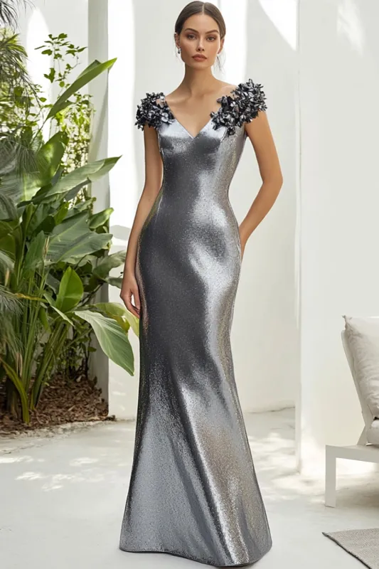 Dark Grey 3D Flower Metallic Satin Sheath V Neck Formal Dress sold by Zapaka