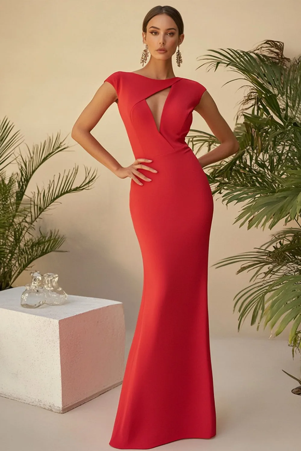 Stretch Satin Red Column Scoop Neck Cap Sleeves Formal Dress sold by Zapaka