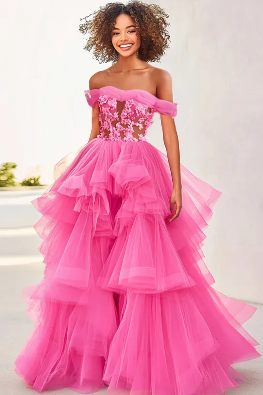 Fuchsia Ball Gown Tulle Off the Shoulder Ruffles Prom Dress sold by Zapaka