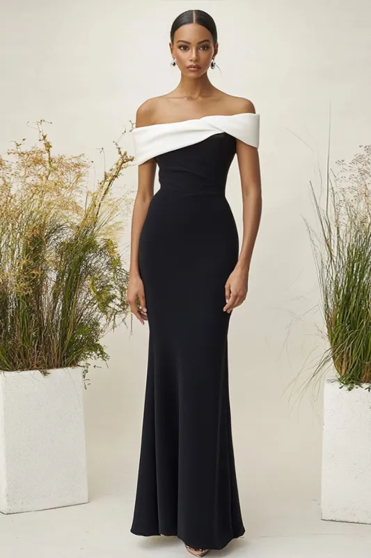 Matte Satin Off the Shoulder Black Column Formal Dress sold by Zapaka