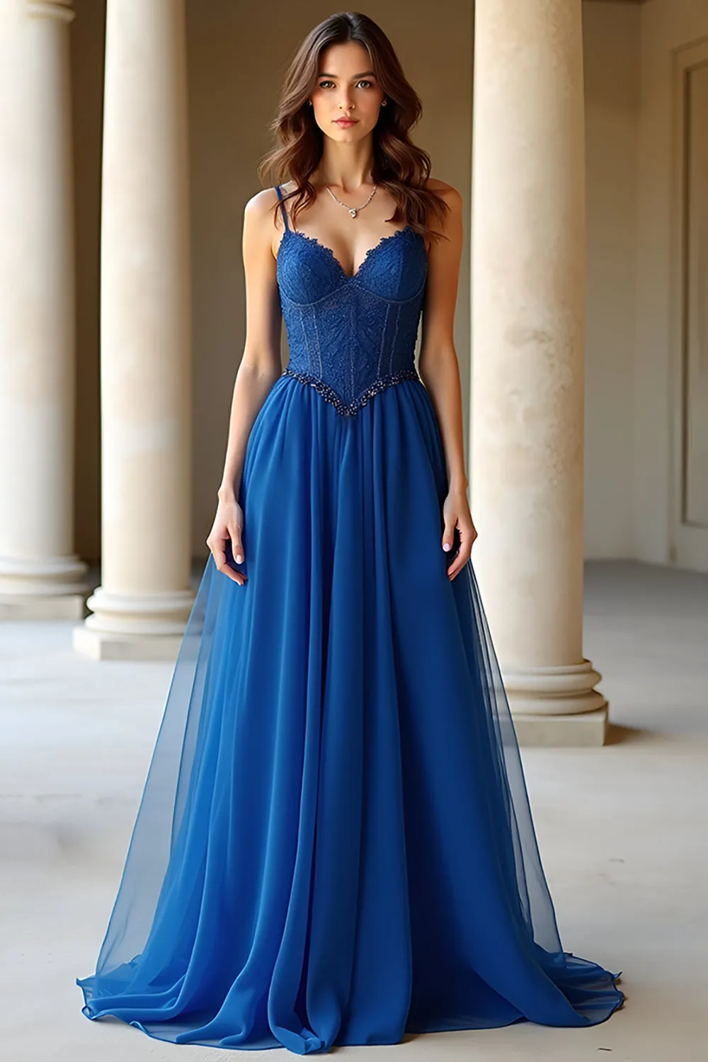 Dark Blue A Line Spaghetti Straps Organza Long Prom Dress sold by Zapaka