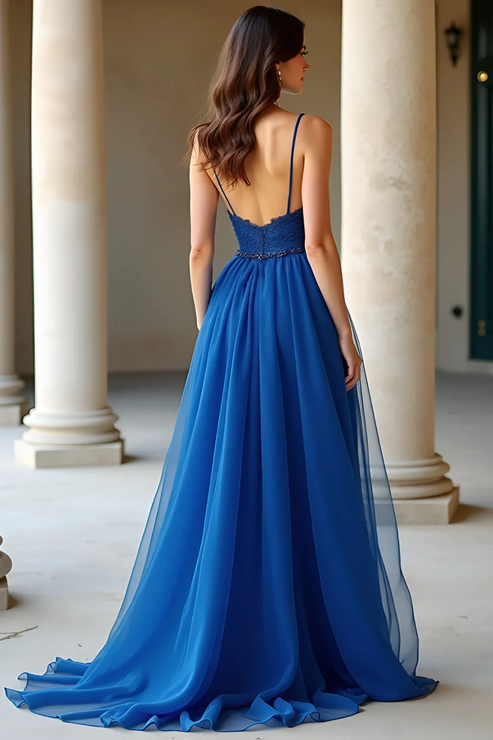 Dark Blue A Line Spaghetti Straps Organza Long Prom Dress sold by Zapaka product image thumbnail 2