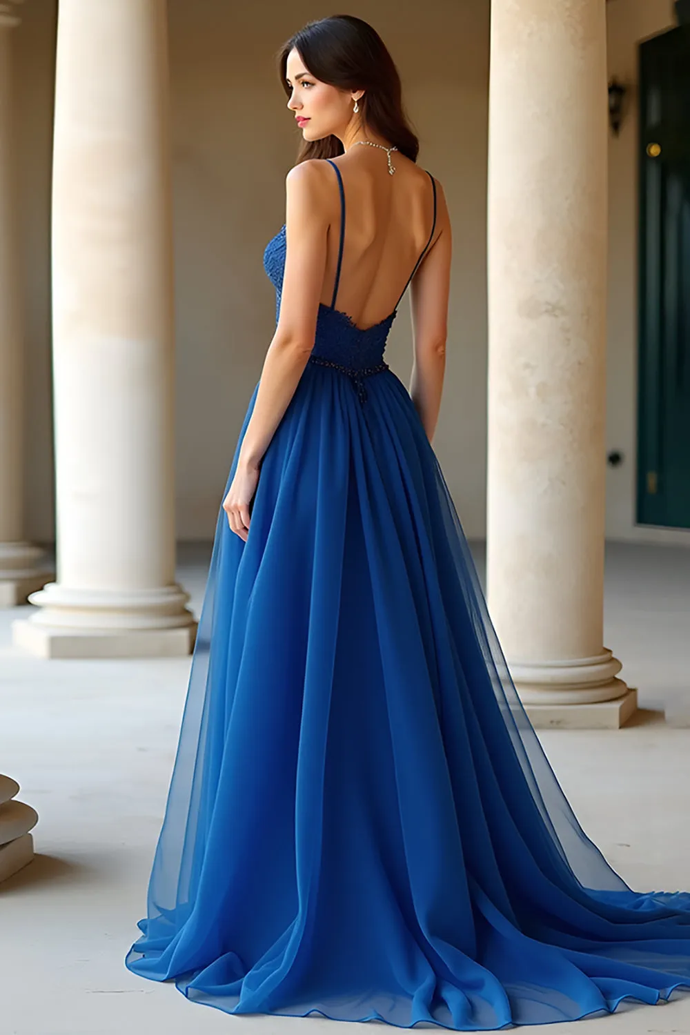 Dark Blue A Line Spaghetti Straps Organza Long Prom Dress sold by Zapaka product image thumbnail 3