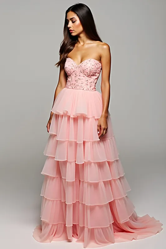 Blush Tiered Tulle Strapless A Line Prom Dress made by Zapaka