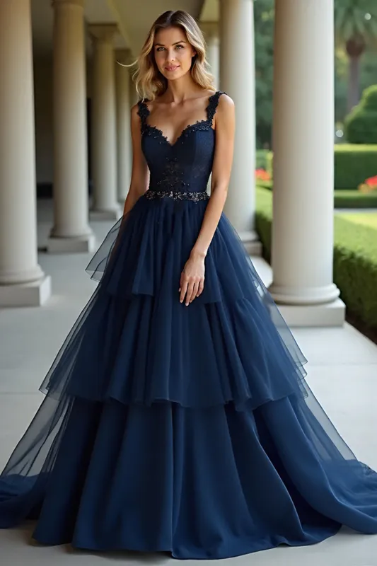 Navy A Line Spaghetti Straps Tiered Lace Long Prom Dress sold by Zapaka
