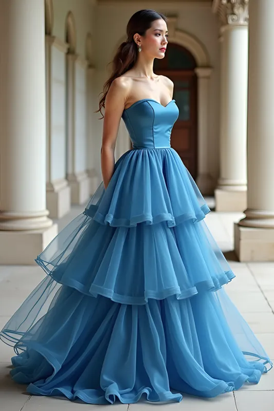 A Line Strapless Blue Tiered Organza Long Prom Dress sold by Zapaka