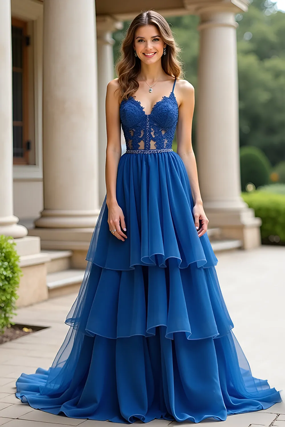 Dark Blue Lace A Line Tiered Spaghetti Straps Long Prom Dress sold by Zapaka