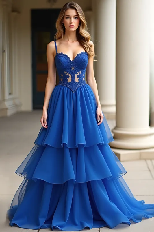 A Line Royal Blue Spaghetti Straps Lace Long Prom Dress sold by Zapaka