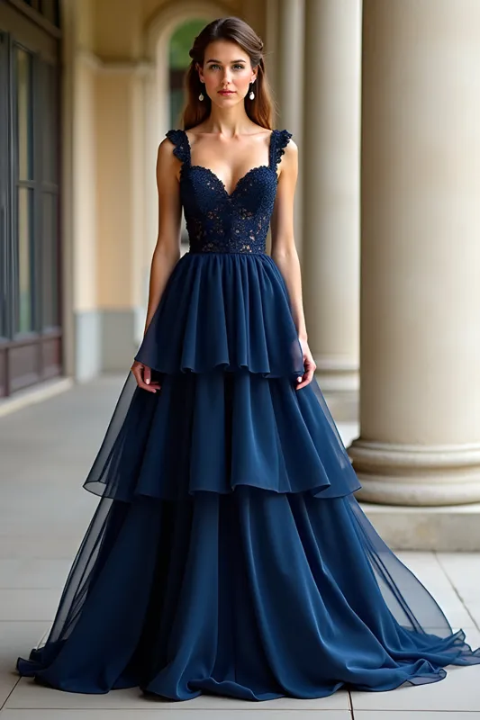 Navy A Line Spaghetti Straps Tiered Lace Long Prom Dress sold by Zapaka