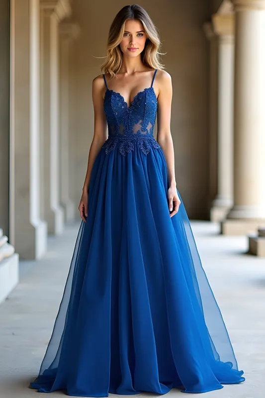 A Line Dark Blue Spaghetti Straps Sweetheart Long Prom Dress sold by Zapaka