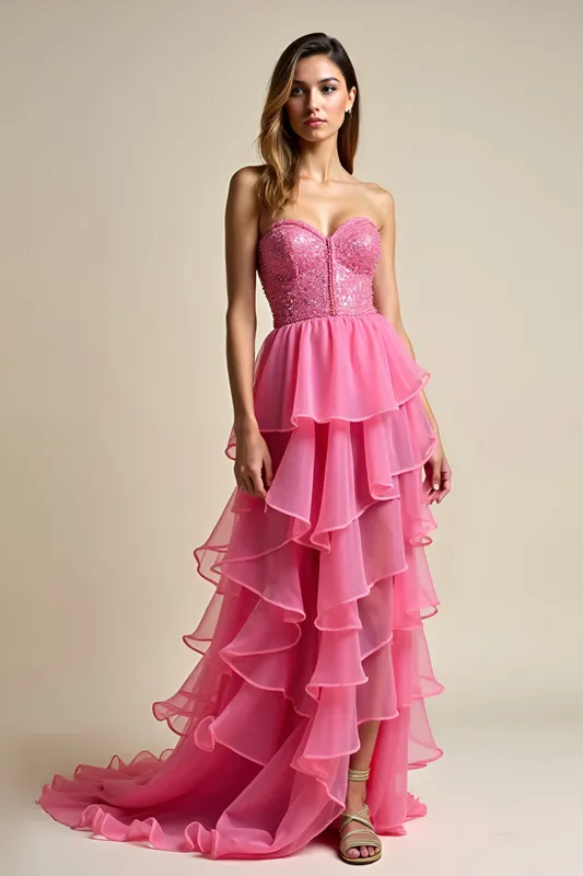 Coral Tulle Tiered A Line Strapless Prom Dress with Beading sold by Zapaka