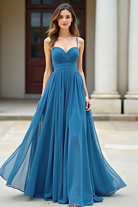 Blue Chiffon A Line Spaghetti Straps Ruched Prom Dress sold by Zapaka