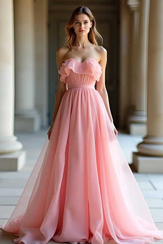 Pink Organza A Line Sweetheart Ruffles A Line Prom Dress sold by Zapaka